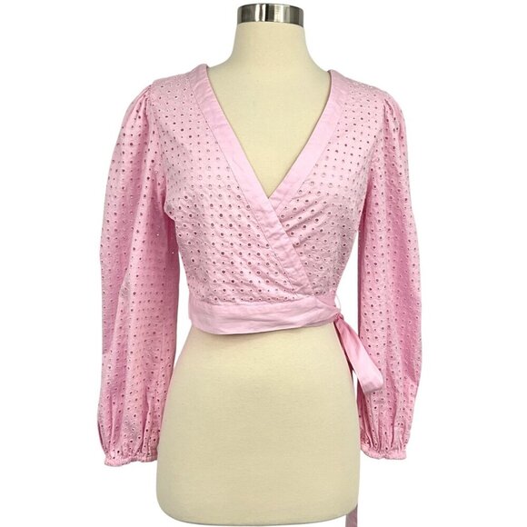 NWT LoveShackFancy Kinza Crop Wrap Top Lotus Pink Embroidered Eyelet Size M - Picture 1 of 13